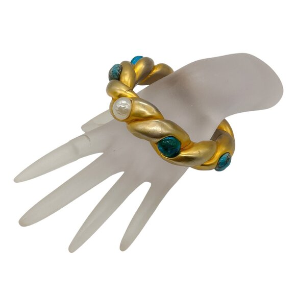 Chanel Vintage Pearl and Aqua Resin Embellished Gold Enamel Chunky Bangle Bracel - Picture 1 of 7